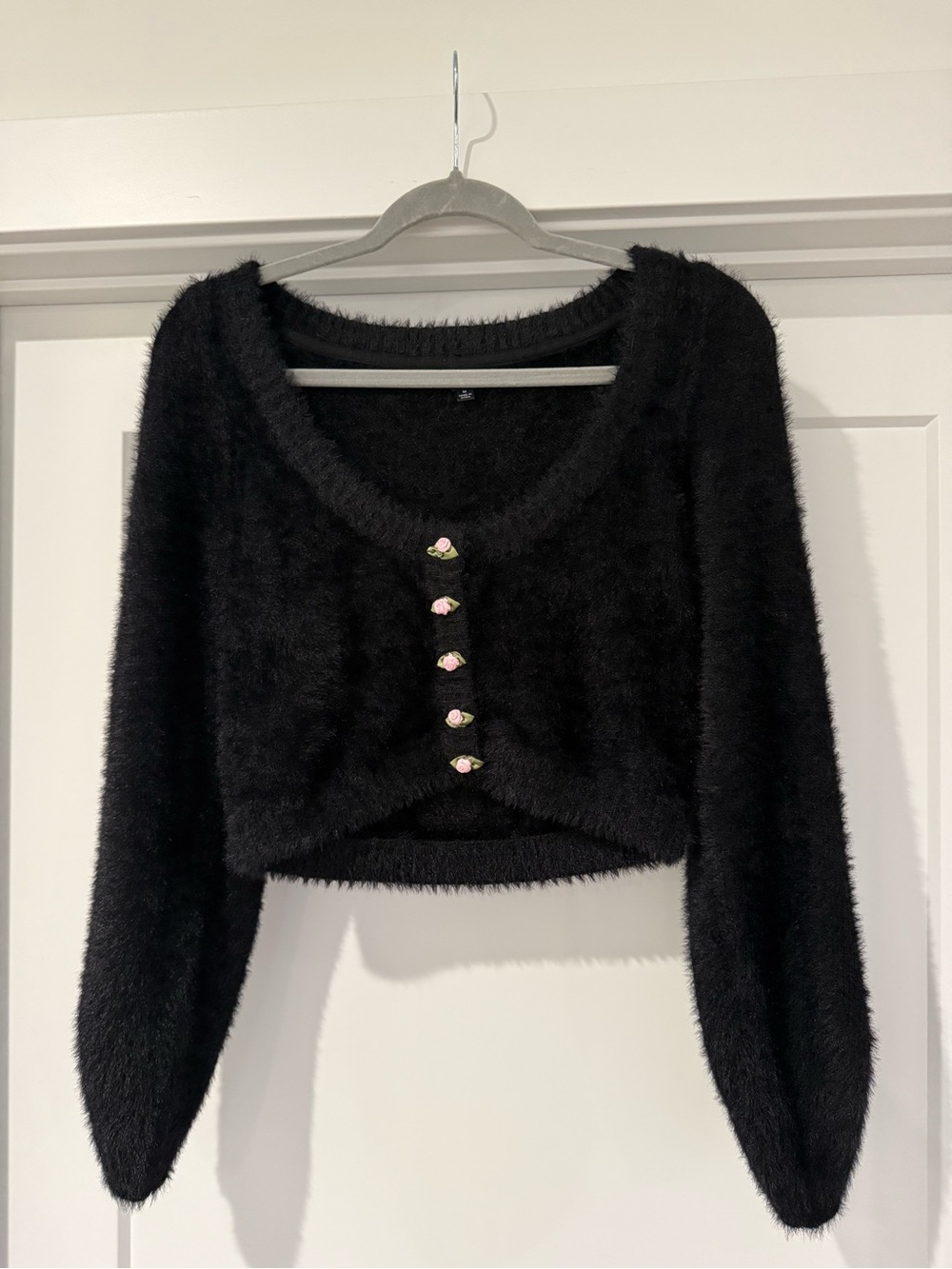 For Love & Lemons Anastasia Rosette Button Eyelash Knit Crop Cardigan Black M